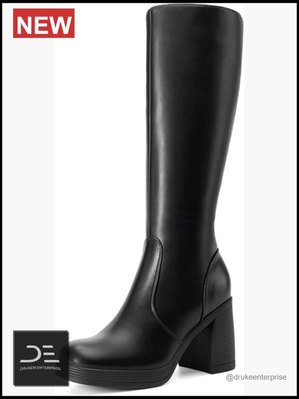 Knee High Boots, Square Toe Chunky Heeled, Comfortable Tall Boots with Side